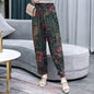 Vibrant Red & Blue Floral Cotton Linen Bloomers | Plus Size Breathable Mother Pants High-Waisted Comfort Slacks