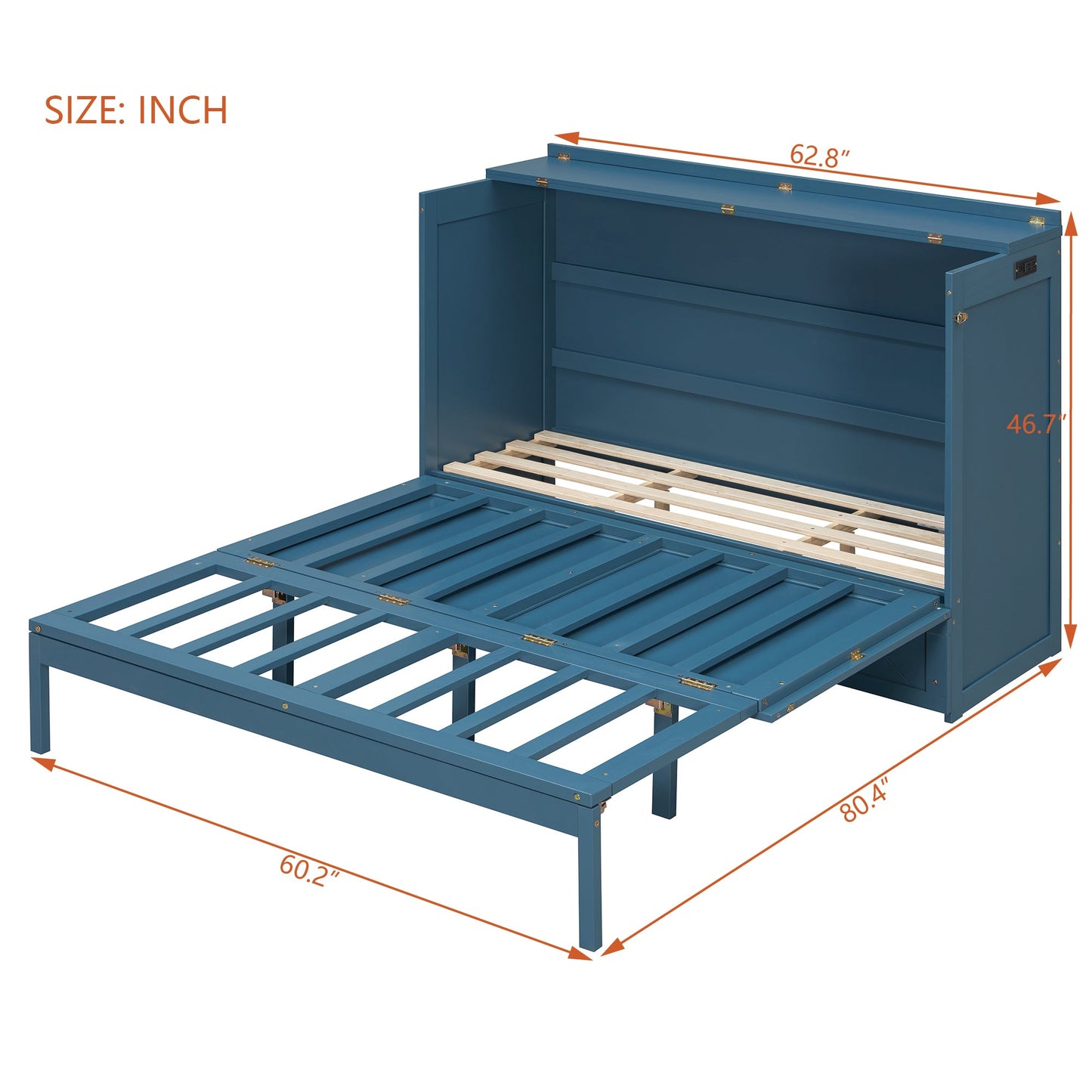 Queen Size Murphy Bed Wall Bed with Drawer and Sockets and USB Ports, Navy Blue