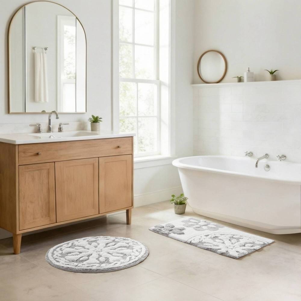 Round Medallion Tufted Cotton Bath Rug – 25", Plush, Super Absorbent, Machine Washable