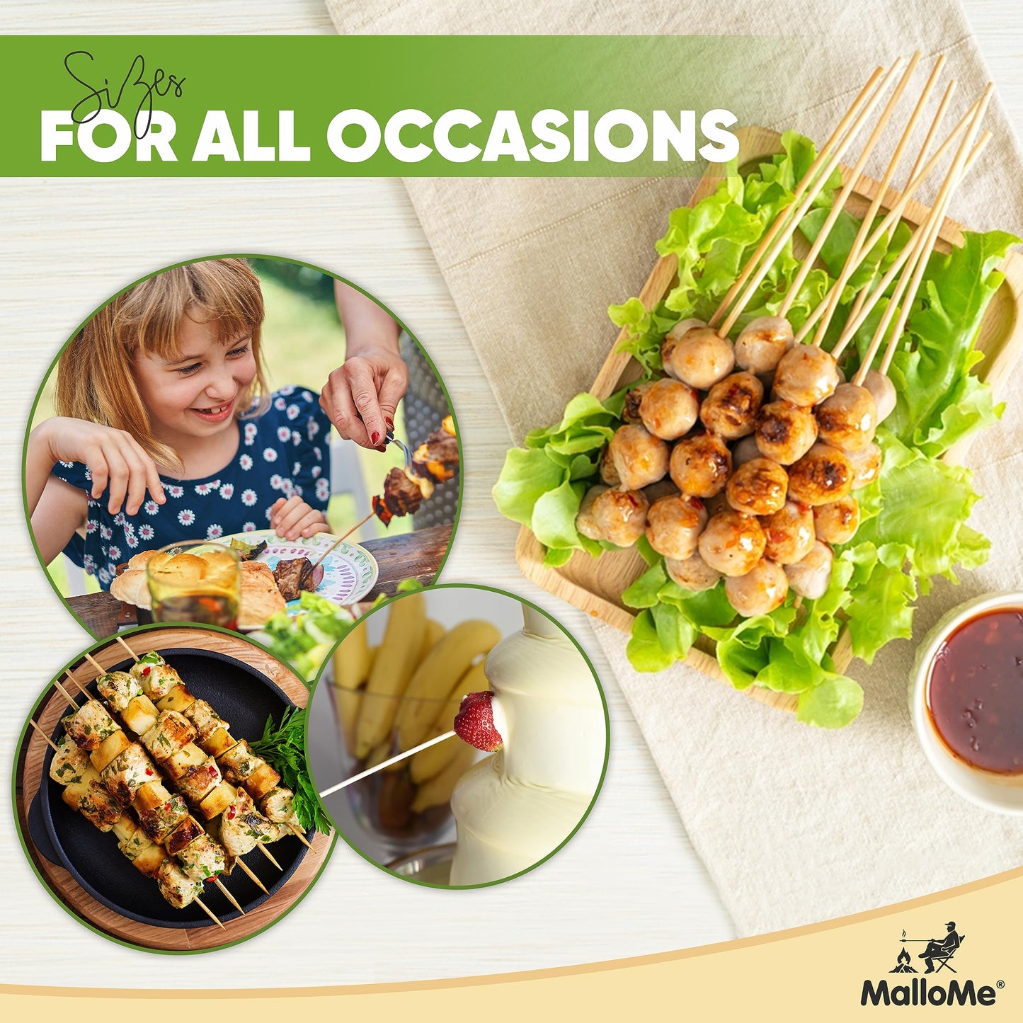 MalloMe XL Bamboo Skewers 6 Inch 100 pcs - 4mm Thick Bamboo Sticks - Heavy Duty Wooden Shish Kabob Skewers for Grilling - for Kebab BBQ Grill Hot Dog, Candy Apple Smores Sticks Wood Skewer Appetizers
