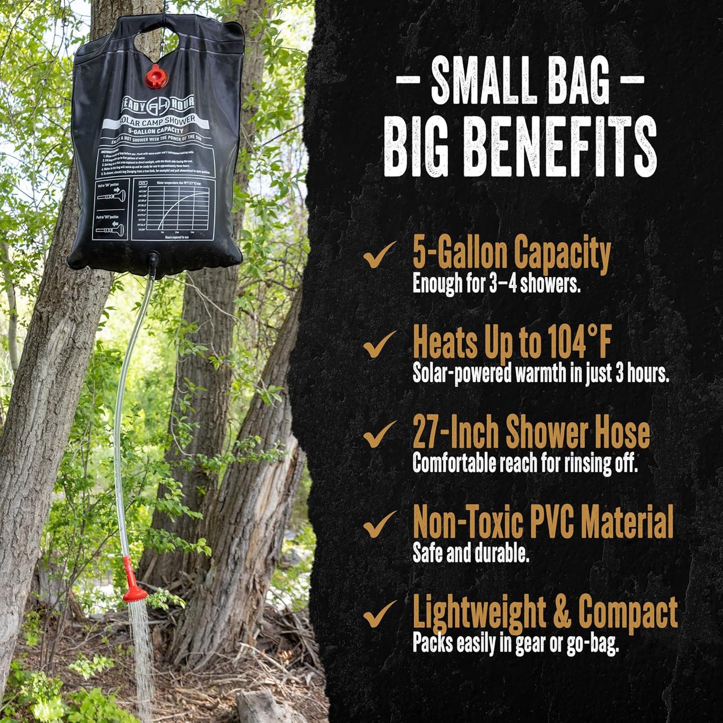 Ready Hour 5 Gallon Camp Shower, Portable Solar Shower Bag for Camping, Off Grid, Emergency Use Gravity Fed 104°F Heating Survival Hygiene for Outdoors and Disaster Preparedness