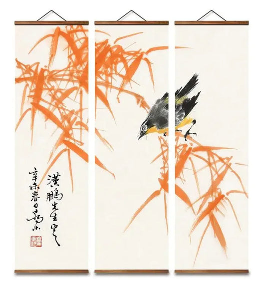 Chinese Style Bird Bamboo Decorative Scroll Painting Poster