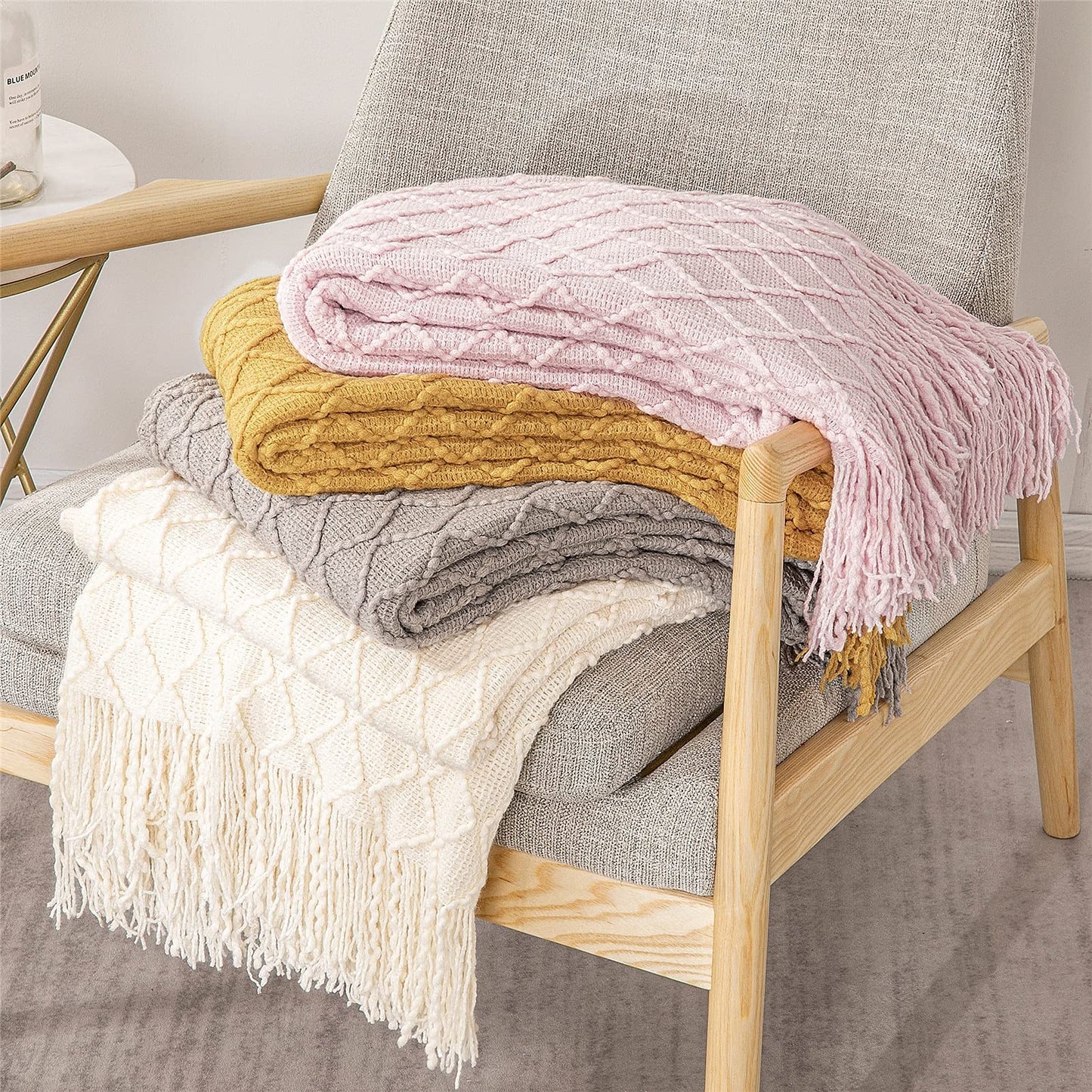 Fennco Styles Modern Textured Weave Knit Throw with Fringe 50" W x 60" L - Chevron Throw Blanket for Sofa, Couch, Living Room, Bedroom Décor