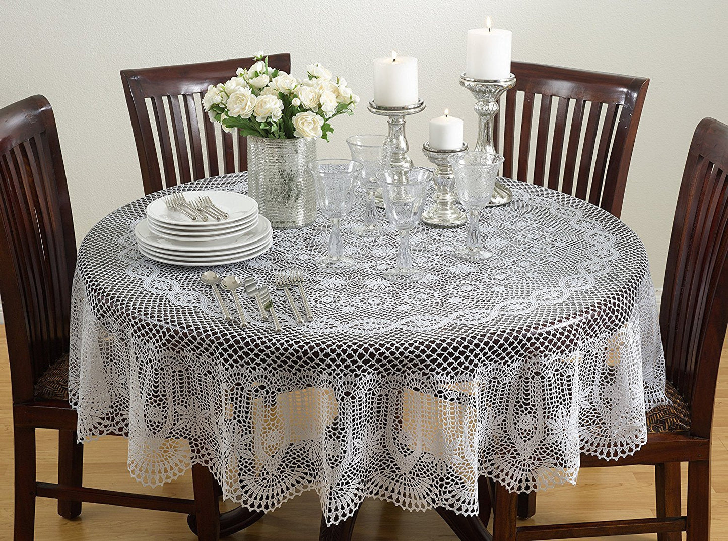 Fennco Styles Classic Crochet Vinyl Tablecloth, 2 Colors - 72" Round (White)