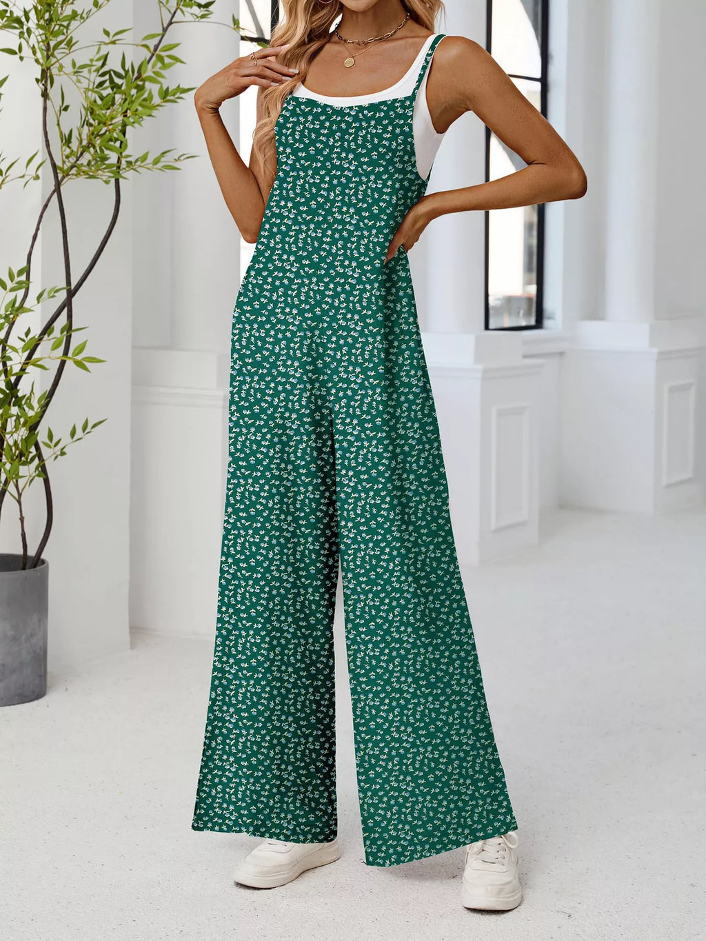 Full Size Floral Print Wide Leg Spaghetti Strap Overalls Plus Size
