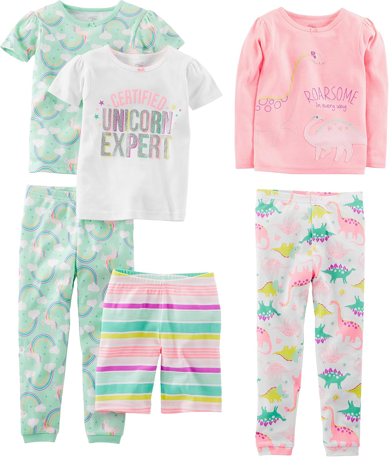 Girls Cotton Pajama Set 6-Piece - Snug Fit PJ Pack for Babies Toddlers
