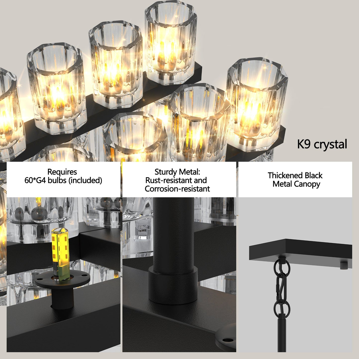 Chandelier Crystal Rectangle Black Frame K9 Crystals Luxurious 54 In
