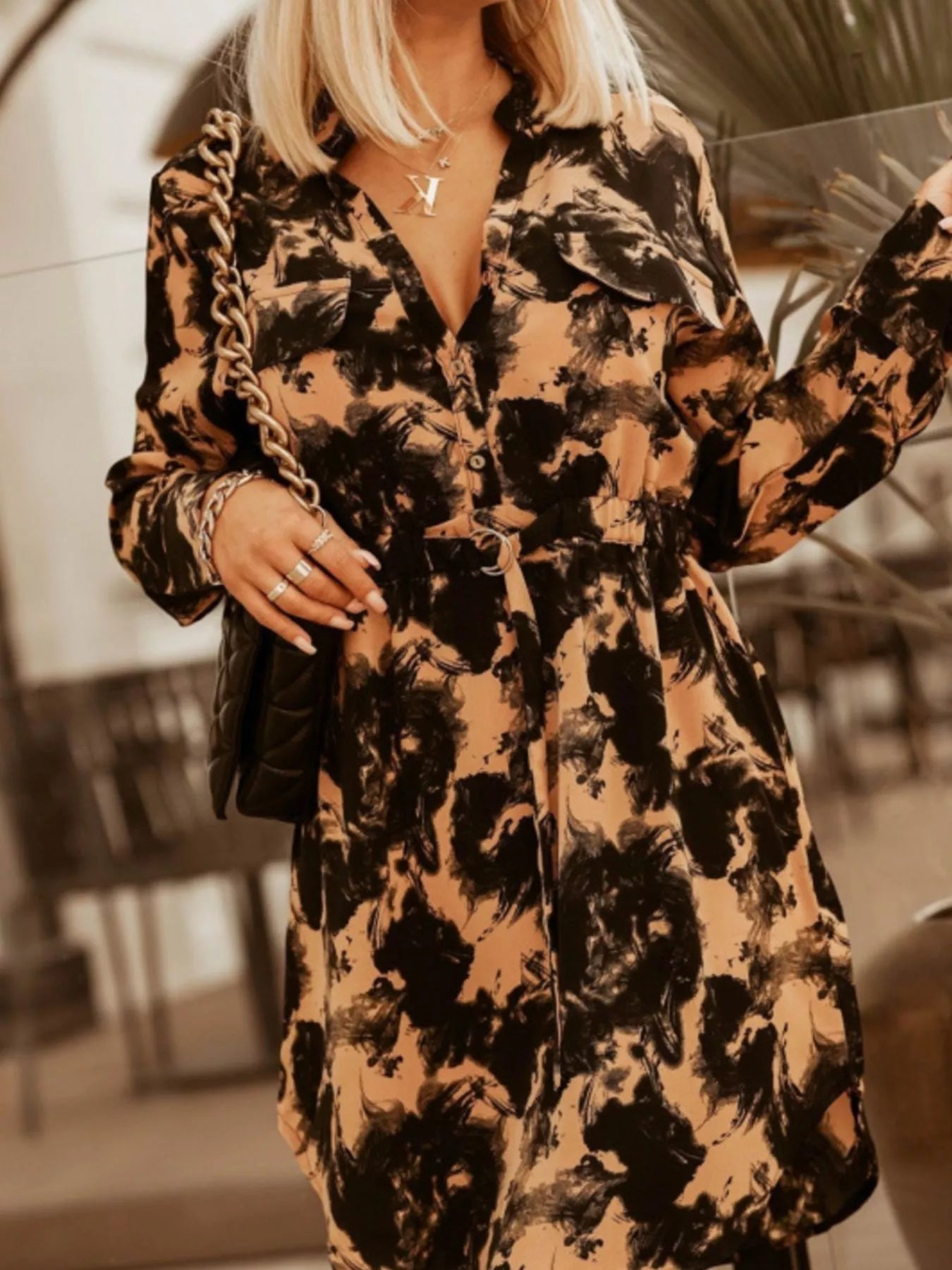 Printed Button Front Long Sleeve Dress