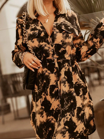 Printed Button Front Long Sleeve Dress