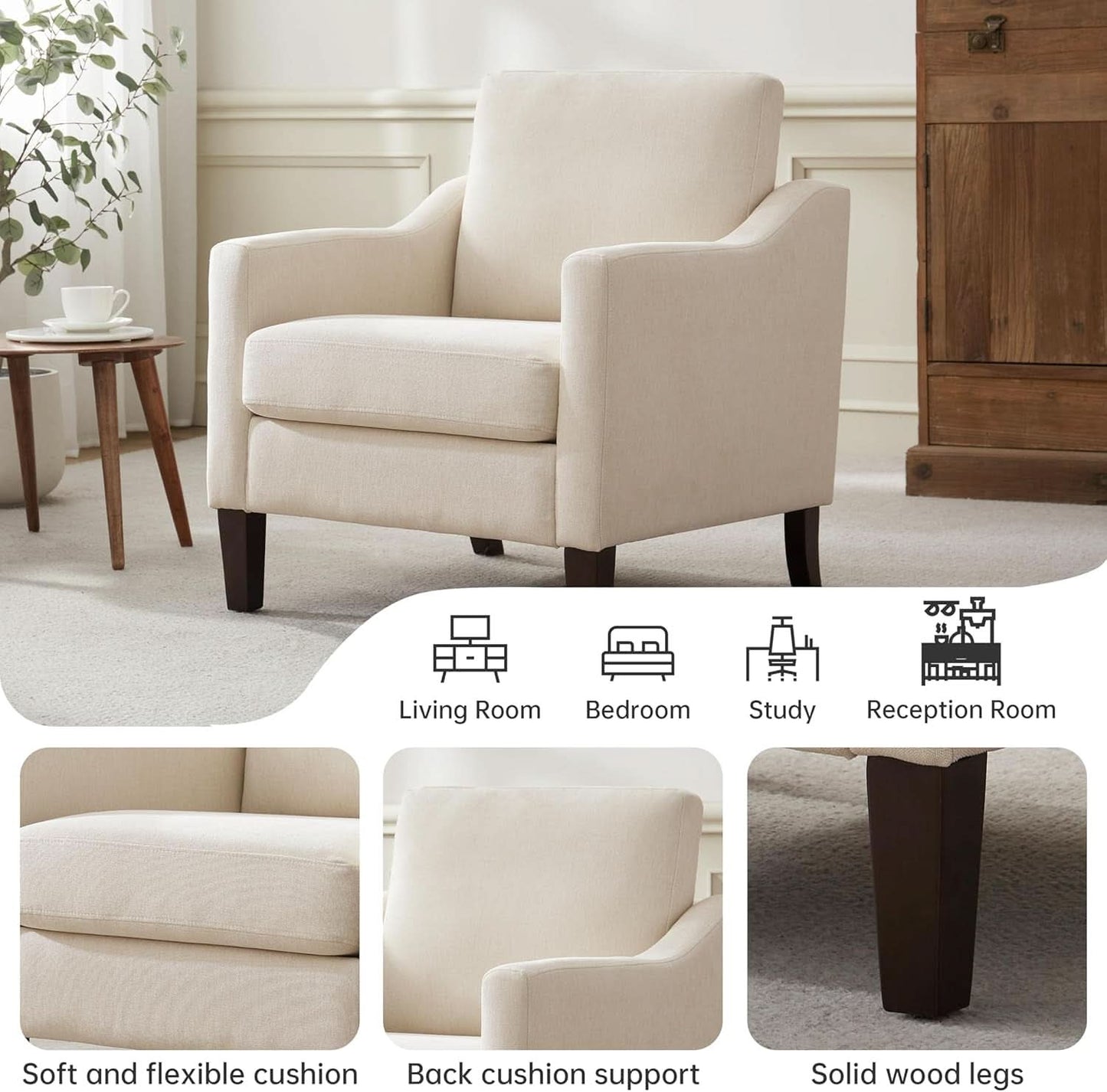 Beige Upholstered Mid Century Modern Accent Armchair