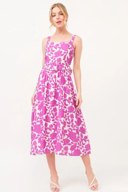 And The Why Square Neck Belted Floral Printed Midi Dress