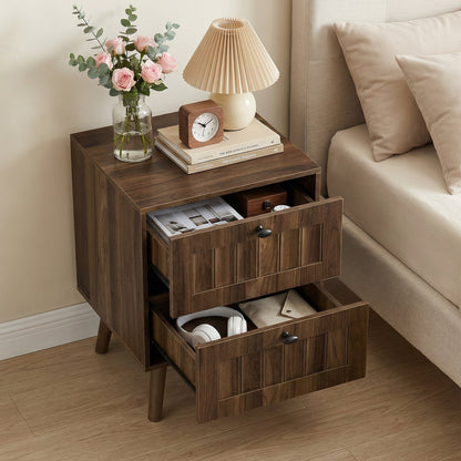 Double Drawer Bedside Table, Solid Wood Legs, Walnut, 15.75x15.75 in, 2-Pack