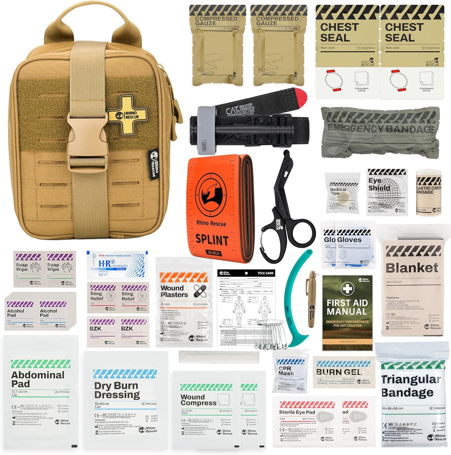 RHINO RESCUE Sterile Compressed Gauze for Emergency Wound Dressing+IFAK Trauma Kit with C-A-T Tourniquet(PRO, Coyote)