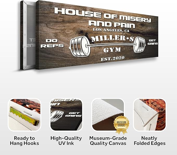 Tailored Canvases Personalized Gym Sign Wall Art Decor - Motivational Canvas for Home Gym, Workout Room, Garage, Fitness Center - Workout Inspirational Posters - House of Misery and Pain, Wooden 36x12in
