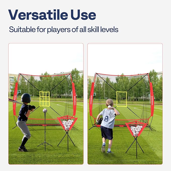 VIVOHOME Baseball Softball Hitting Net with Large Ball Collection System, 7 x 7 ft Baseball Batting Pitching Net with Tee, 2 Strike Zone, Carry Bag