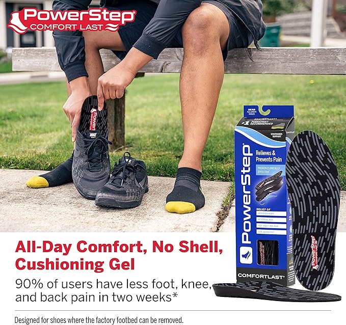 PowerStep Comfort Last Insoles, Cushioning Gel Insoles for Standing All Day, Supports Metatarsal Pain, Foot Arch, Heel Pain, All Day Comfort, Made in The USA (Men's 5-6.5 / Women's 7-8.5)
