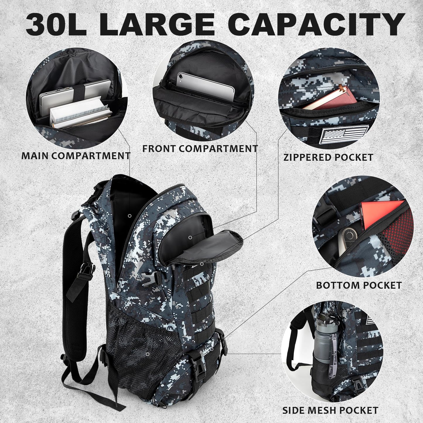 Jueachy Tactical Backpack for Men Hiking Day Pack Molle Military Rucksack Waterproof 30L EDC Bag with USA Flag Patch