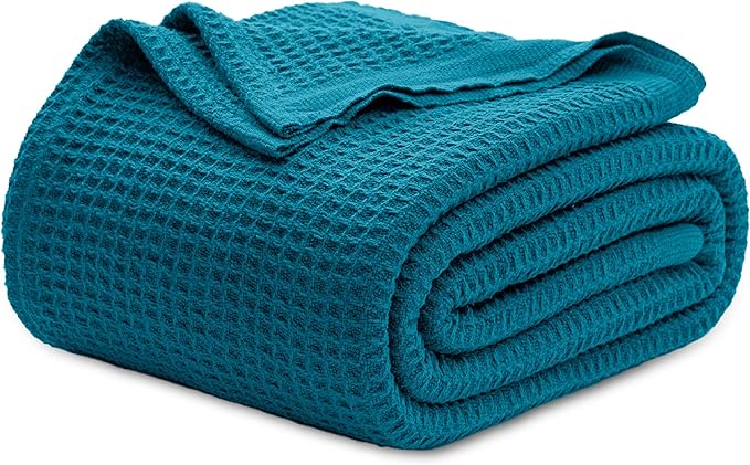 Bedsure 100% Cotton Blanket King Size for Bed - Breathable and Soft, Waffle Weave Blanket for Summer, Thick Cozy Fall Blankets for Women Gift, Teal, 104x90 inches