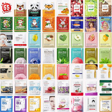 55 Pack Collagen Face Masks Skincare Bulk,Hydrating Spa Face Mask Beauty for Sensitive Skin,Sheet Mask for Skin Care, Facial Mask Sets Birthday Party Gifts for Women/Teen Girls/Kids
