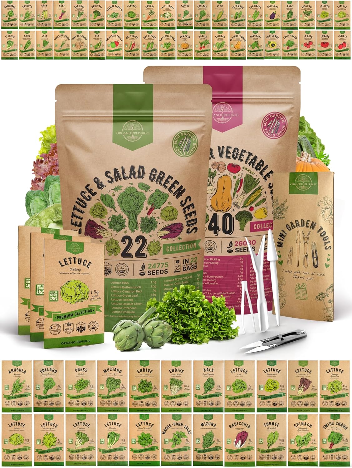 22 Lettuce & Salad Greens & 40 Vegetable Seeds Variety Pack Bundle, 50,700+ Non-GMO Heirloom Seeds for Planting Vegetables, Lettuce, and Salad Greens for Indoor & Outdoor Gardening