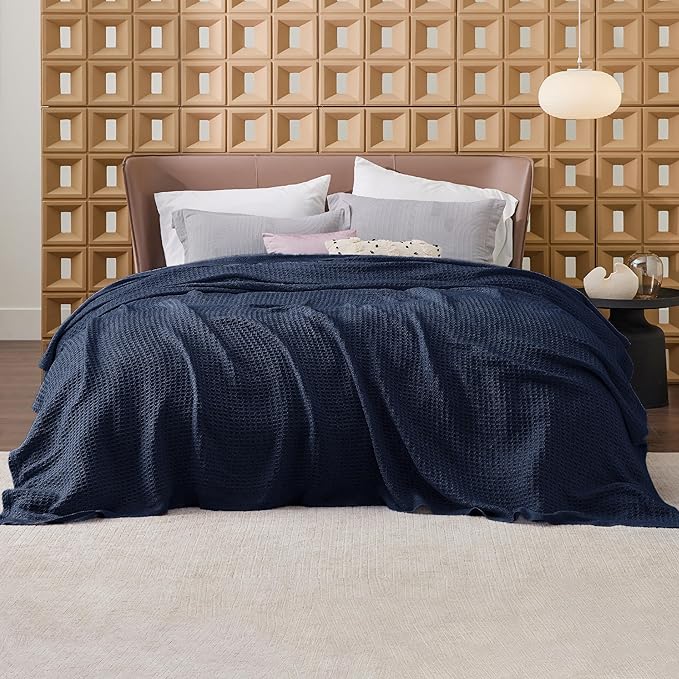 Bedsure 100% Cotton Blanket Queen Size for Bed - Breathable and Soft, Waffle Weave Blanket for Summer, Thick Cozy Fall Blankets for Women Gift, Pageant Blue, 90x90 Inches