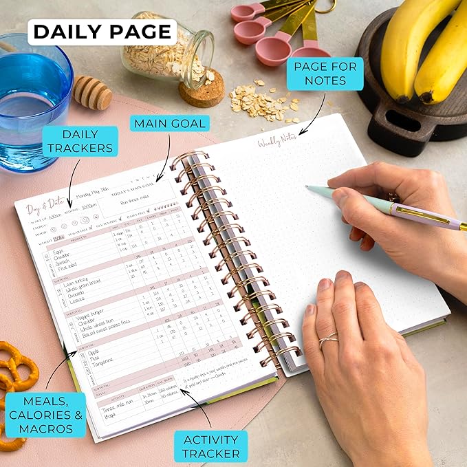 PLANBERRY Food Journal Premium – Nutrition Planner – Diet & Calorie Tracker – Meal & Exercise Diary – Weight Loss Journal (Avocado Green)