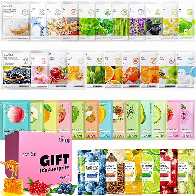40 Pack Collagen Sheet Face Masks Skincare Bulk,Hydrating Spa Face Mask For Sensitive Skin,Anti Aging Facial Masks Sets For Women/Teen Girls(40 Combo Pack)