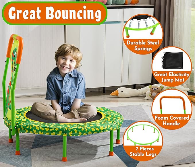 SSLine 36 inch Kids Small Baby Toddler Trampoline with No-Gap Spring Design, Mini Trampoline with Handle Bar and Safety Padded Cover, Indoor Outdoor Fun for Kids