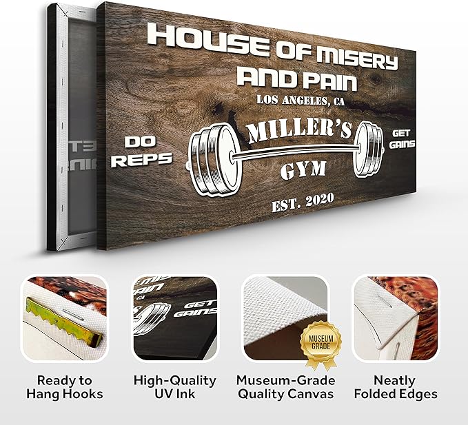 Tailored Canvases Personalized Gym Sign Wall Art Decor - Motivational Canvas for Home Gym, Workout Room, Garage, Fitness Center - Workout Inspirational Posters - House of Misery and Pain, Wooden 20x10in