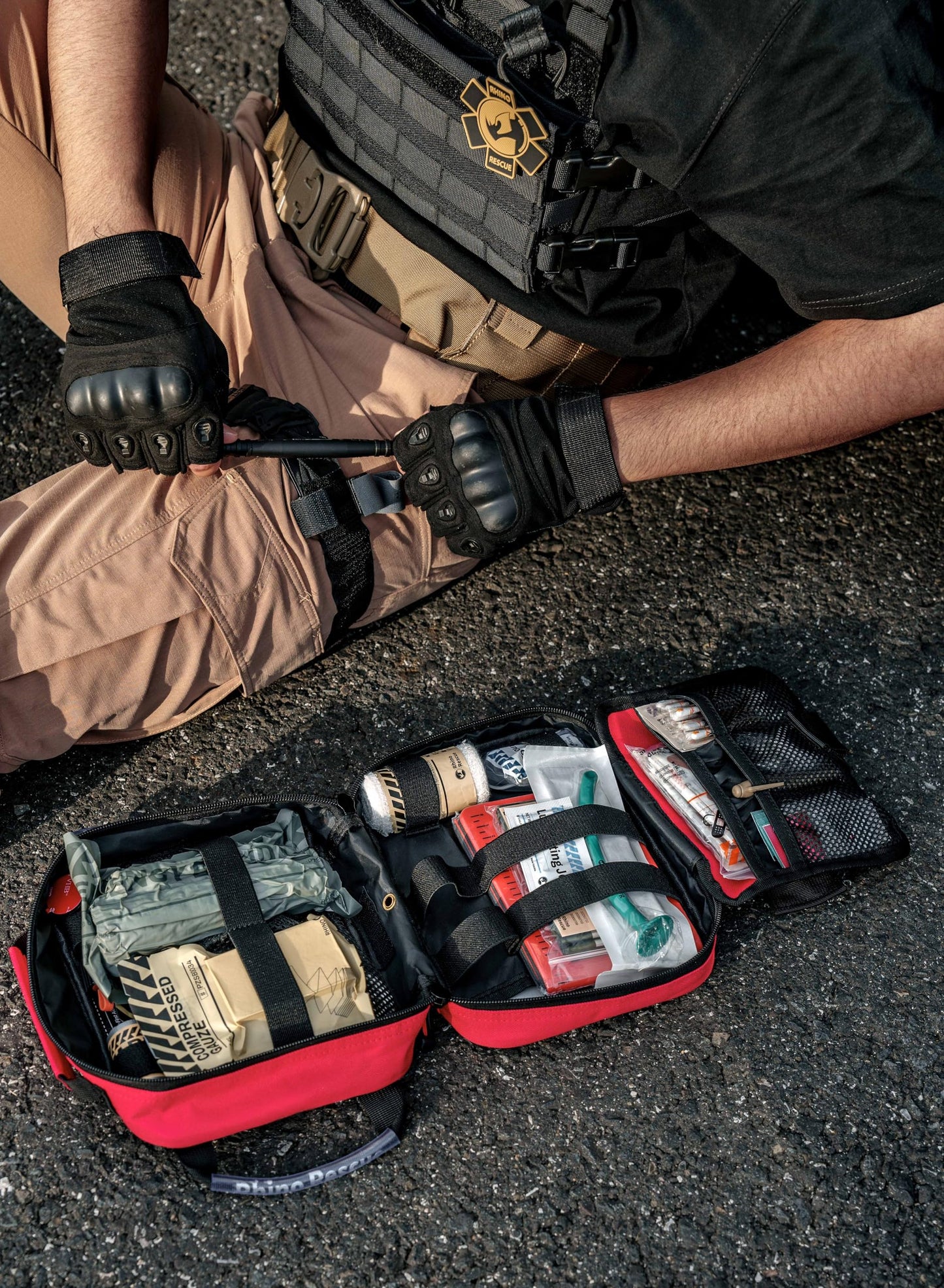 RHINO RESCUE IFAK Trauma Kit with C-A-T Tourniquet, Tactical First Aid Kit Molle Pouch for Military, Combat, Car, Camping, Hiking, Travel (Red)