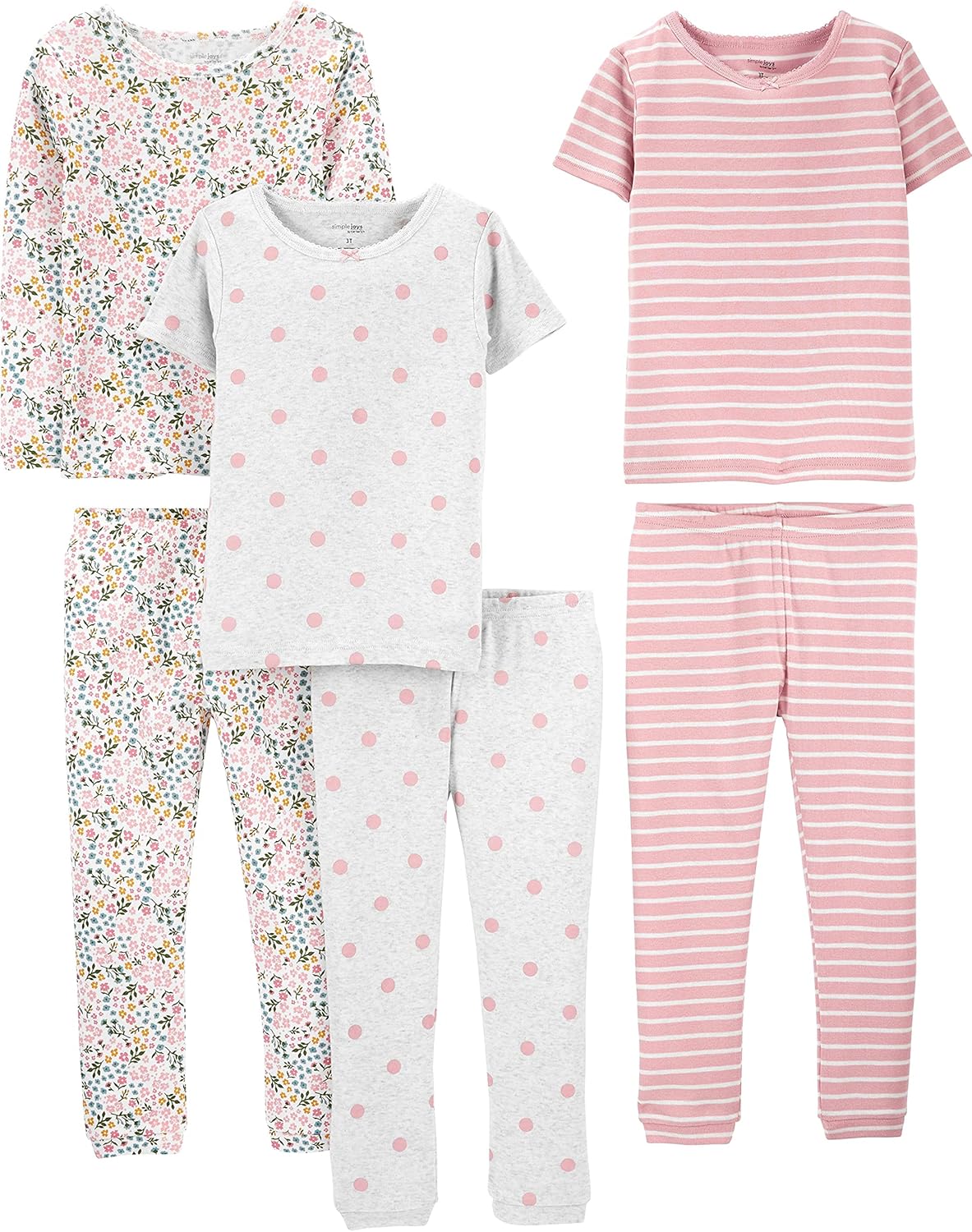 Girls Cotton Pajama Set 6-Piece - Snug Fit PJ Pack for Babies Toddlers
