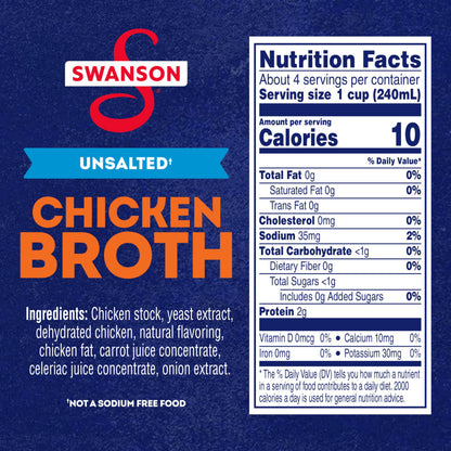 SWANSON Unsalted Chicken Broth 32 oz Carton Gluten Free 2 lbs