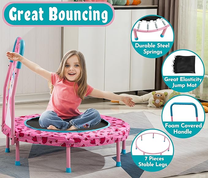 SSLine 36 inch Kids Small Baby Toddler Trampoline with No-Gap Spring Design, Mini Trampoline with Handle Bar and Safety Padded Cover, Indoor Outdoor Fun for Kids