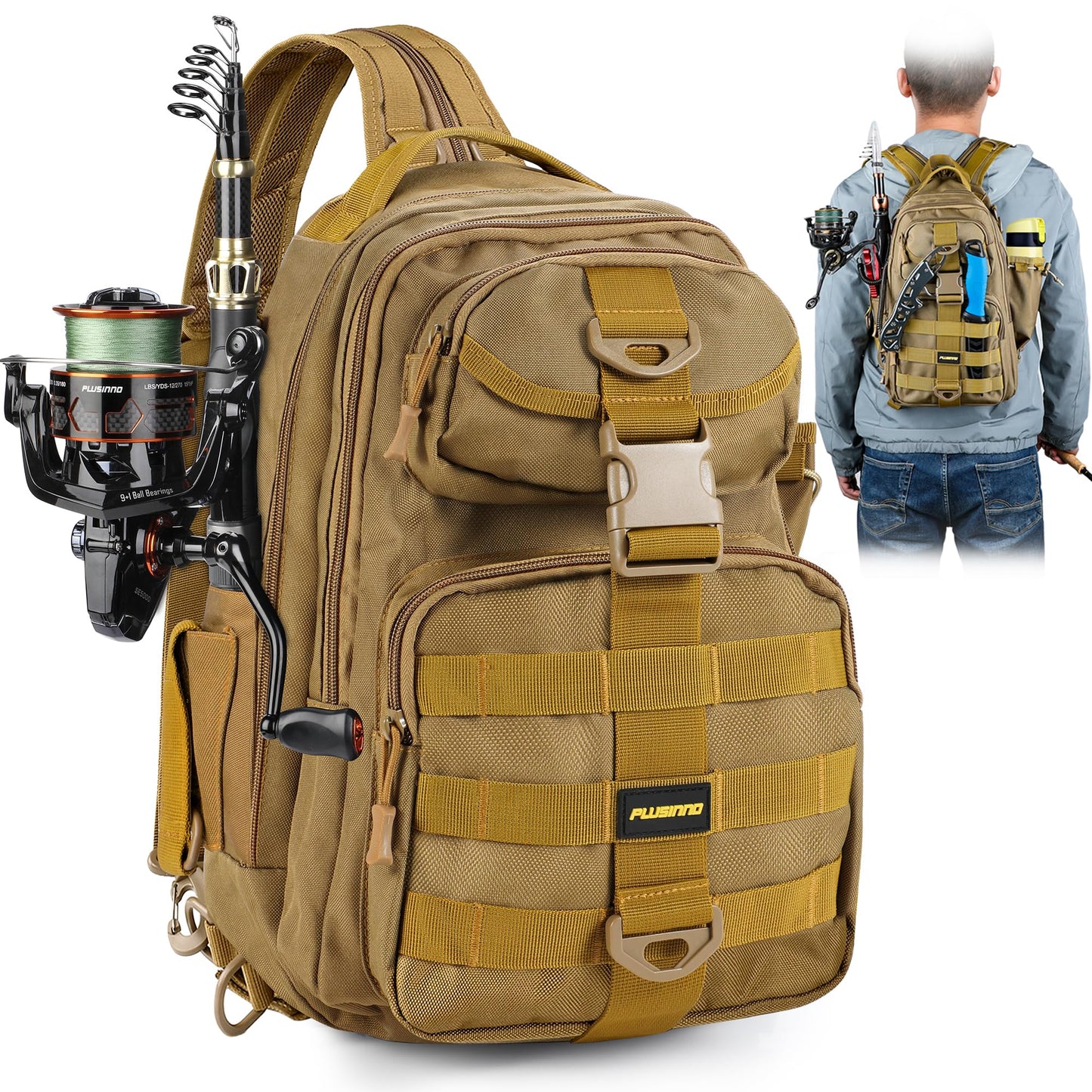 PLUSINNO Fishing Backpack with Fishing Rod and Reel Combos Tackle Boxes, Waterproof Tackle Backpack for Fishing Gear with Rod Holder, Fishing Gifts for Men with Fishing Tool Kit...