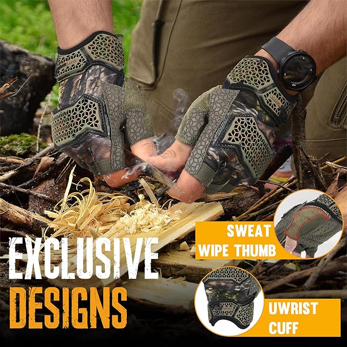 HANDLANDY Fingerless Work Gloves for Men, Padded Impact Tactical Mechanics Gloves, Grip Utility Trucker Driver Gloves (Camo- impact, X-Large (Pack of 1))