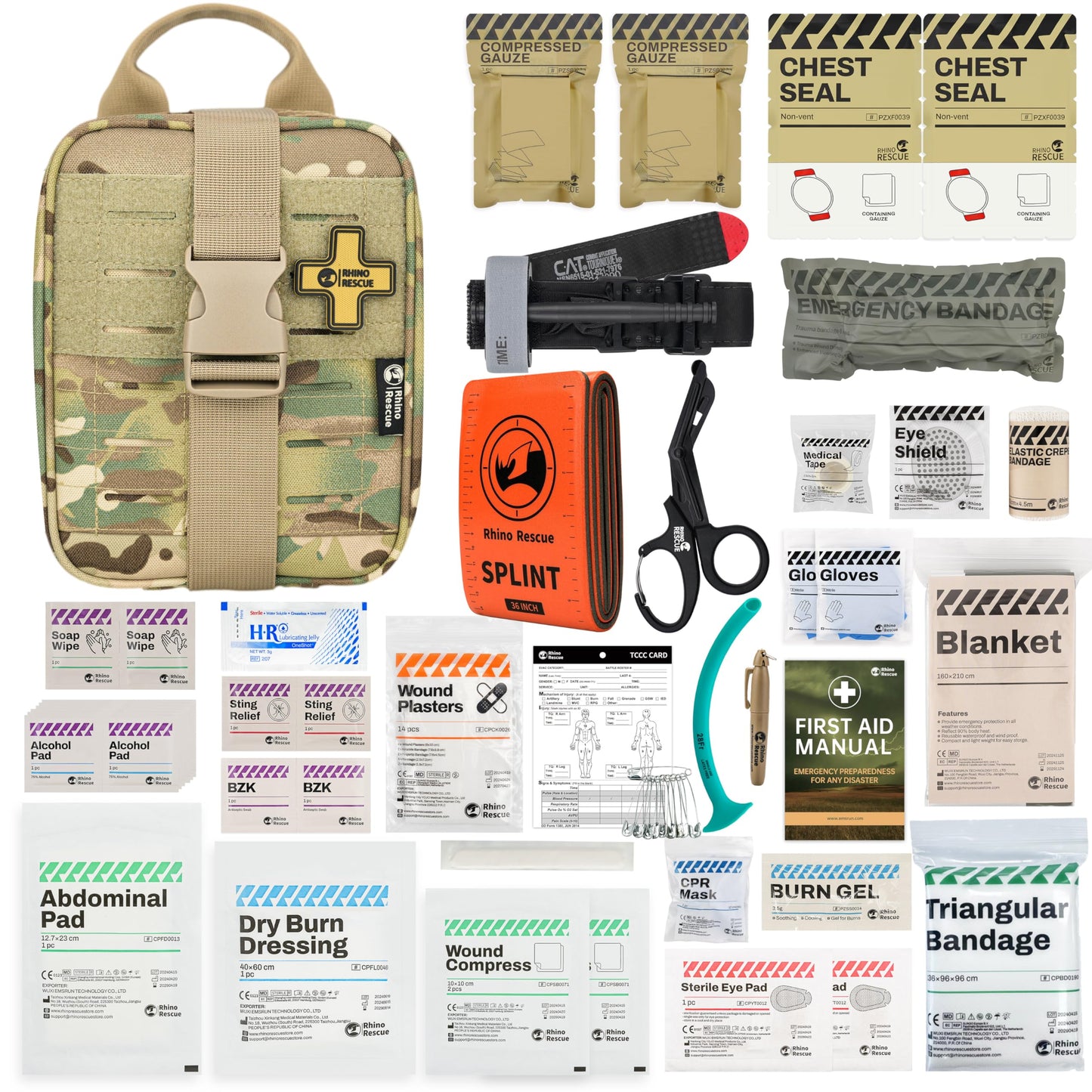 RHINO RESCUE IFAK Trauma Kit with C-A-T Tourniquet, Tactical First Aid Kit Molle Pouch for Military, Combat, Car, Camping, Hiking, Travel (Red)