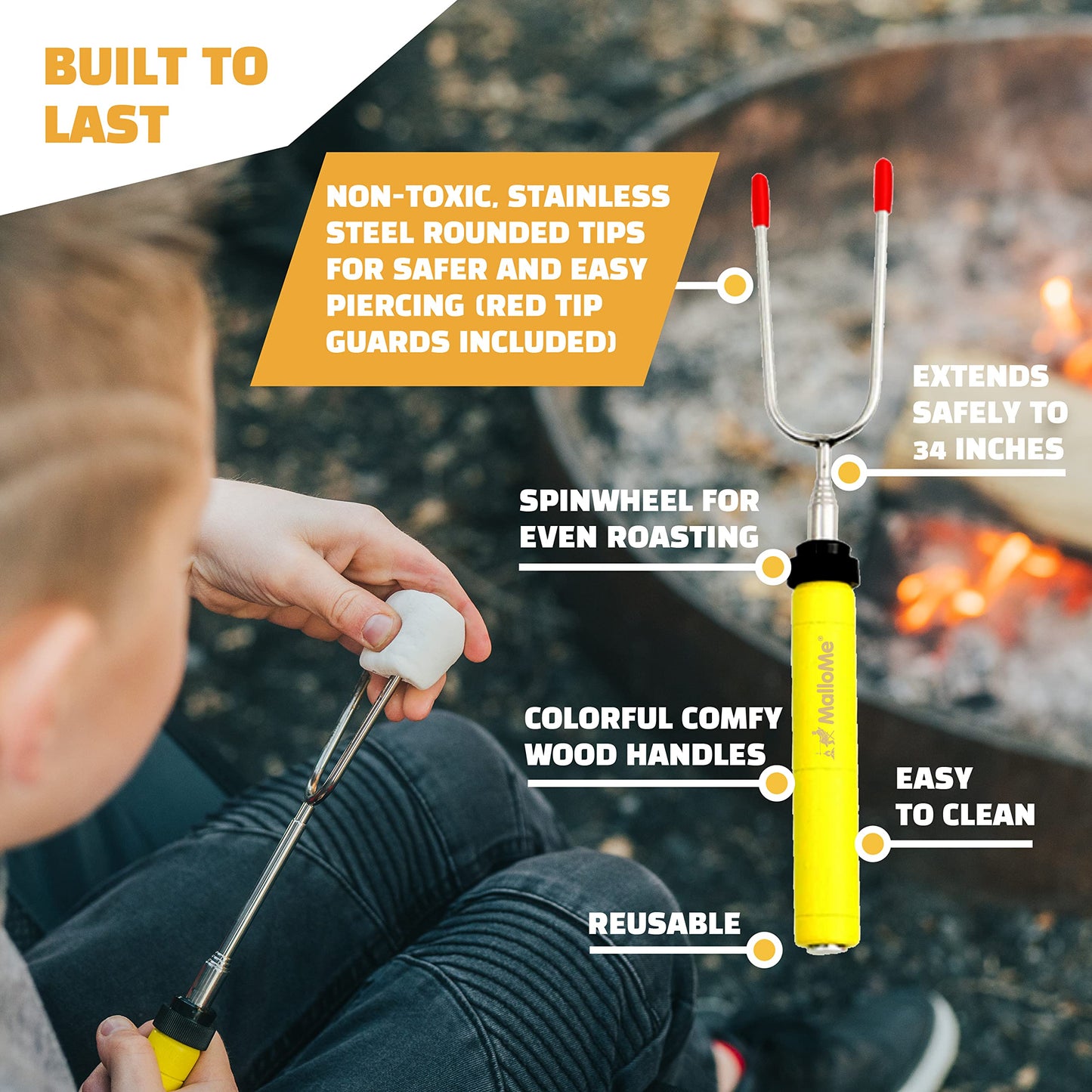 MalloMe Smores Sticks for Fire Pit -Rotating 34 inch Marshmallow Roasting Sticks Smores Kit Outdoor -Accessories for Campfire- Smore Skewers Hot Dog Fork, Camping Essentials Bonfire Gear Long (6 Pack)