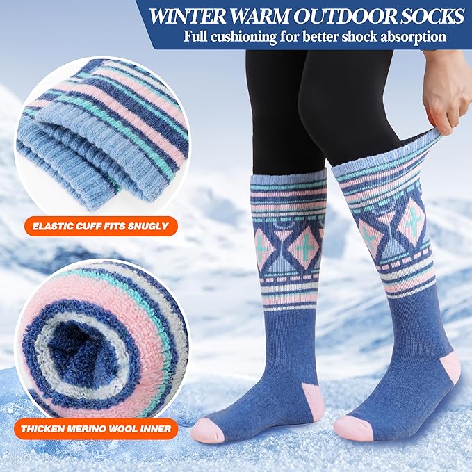 3 Pairs Merino Wool Ski Socks Thermal Warm Winter Thick Knee High Snowboarding Skiing Socks for Women Men