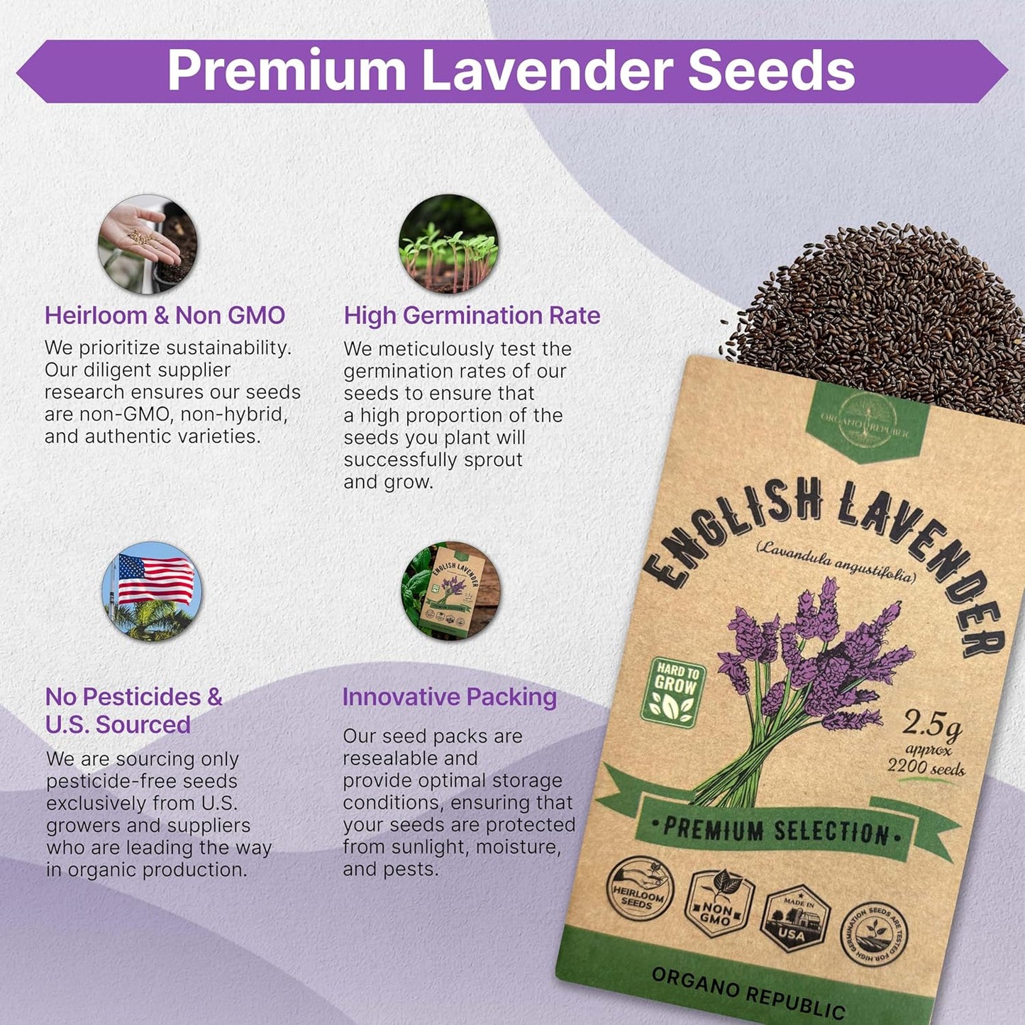 Organo Republic 3-Pack English Lavender Seeds 7.50G - Over 6600 Non-GMO Heirloom Lavender Seeds for Planting in Individual Seed Packets, Herb Seeds for Planting Home Garden Indoor & Outdoor Gardening