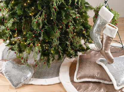 Fennco Styles Unique Silver Sequin Sherpa Border Christmas Tree Skirt 56" Round