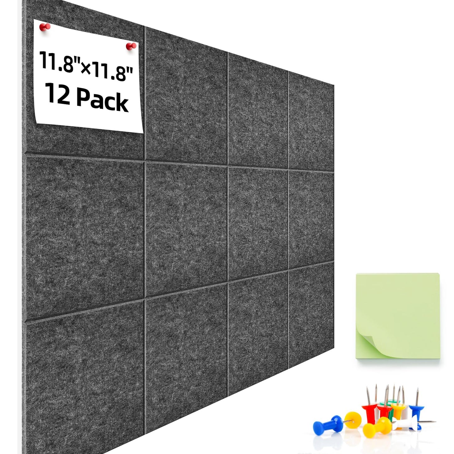 URMMIY Large Cork Board 12 Pack Felt Wall Tiles 47x35in Gray with Push Pins