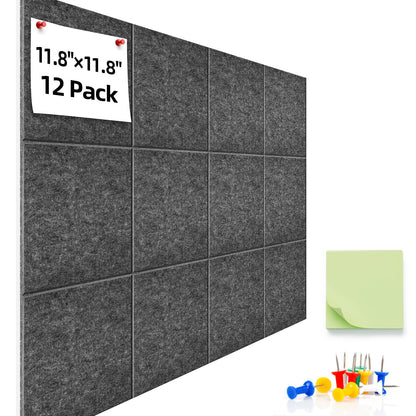 URMMIY Large Cork Board 12 Pack Felt Wall Tiles 47x35in Gray with Push Pins