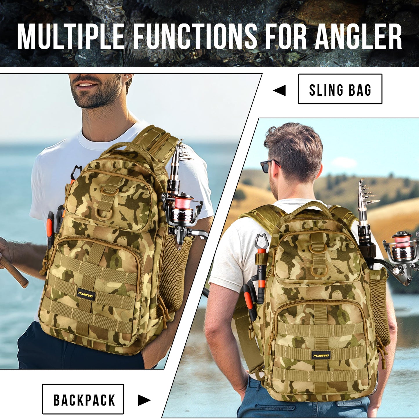 PLUSINNO Fishing Backpack with Tackle Boxes, Waterproof Fishing Sling Tackle Bag For Fishing Gear With Rod Holder, Fishing Gifts for Men With Fishing lures, Fishing pliers, Fish Lip Gripper.