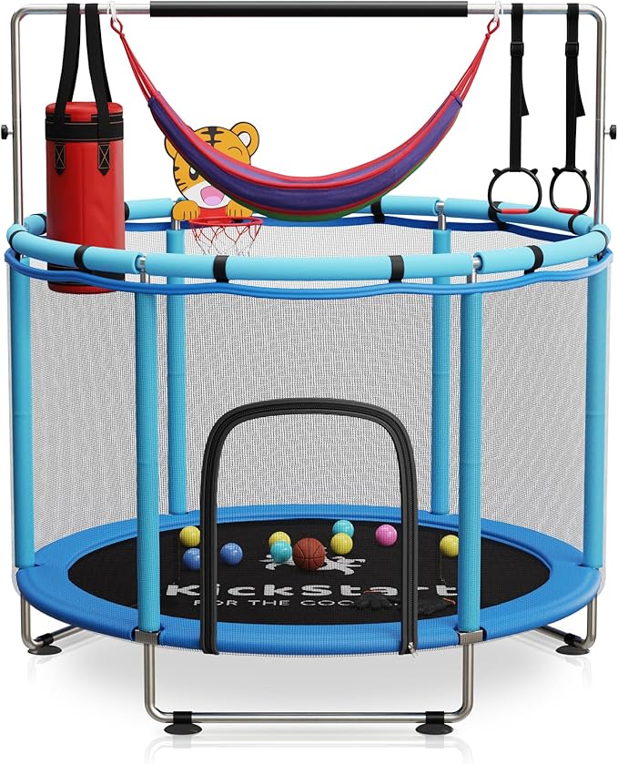 Toddler Trampoline for Kids Ages 3-8 - 5 ft Toddler Trampoline with Net, Basketball Hoop, Ocean Balls, Boxing Bag, Hammock - Indoor and Outdoor for Kids, Backyard