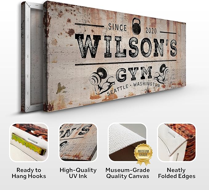 TAILORED CANVASES Personalized Gym Sign Wall Art Decor - Motivational Canvas s for Home Gym, Workout Room, Garage, Fitness Center - Workout Inspirational Posters - Kettlebell on Rustic, 20x10in