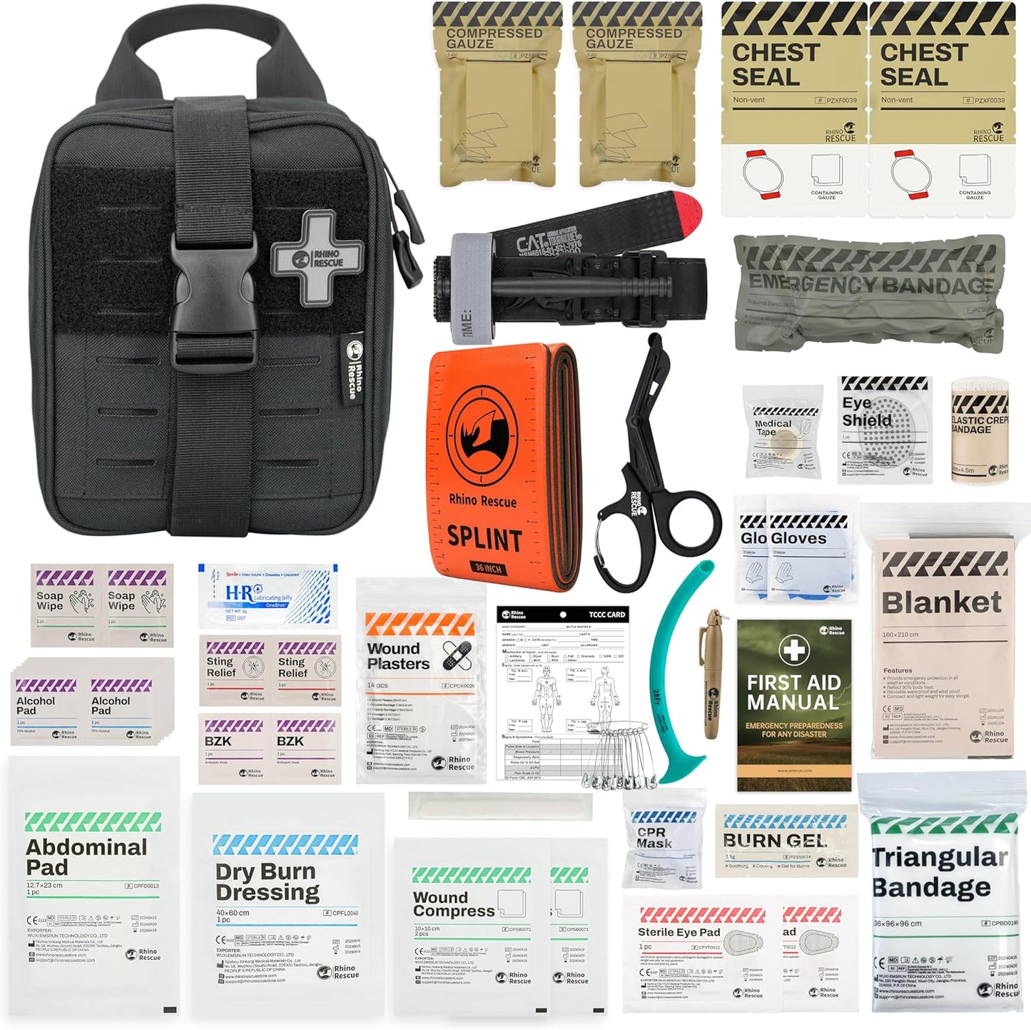 RHINO RESCUE Sterile Compressed Gauze for Emergency Wound Dressing+IFAK Trauma Kit with C-A-T Tourniquet(PRO, Black)