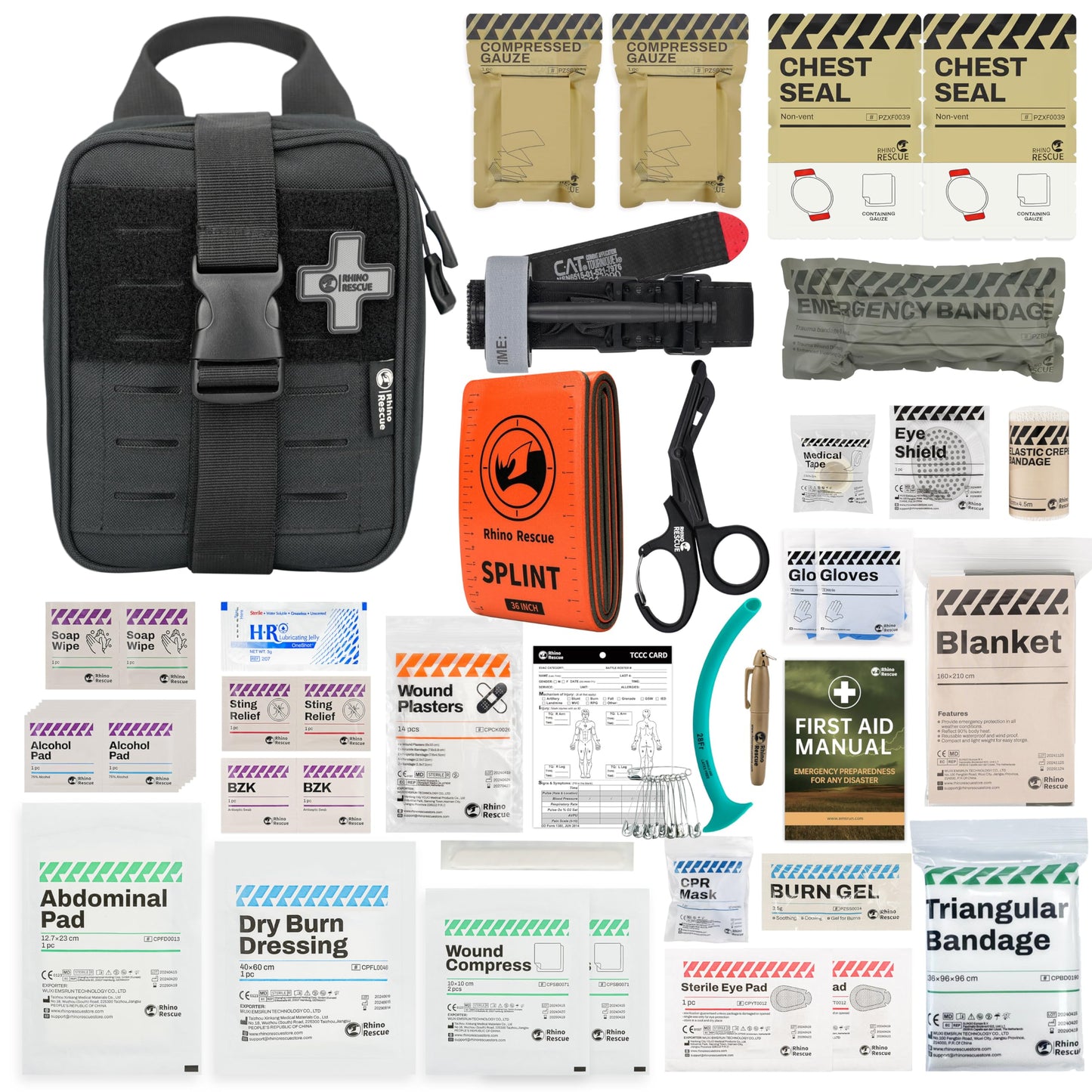 RHINO RESCUE IFAK Trauma Kit with C-A-T Tourniquet, Tactical First Aid Kit Molle Pouch for Military, Combat, Car, Camping, Hiking, Travel (Red)