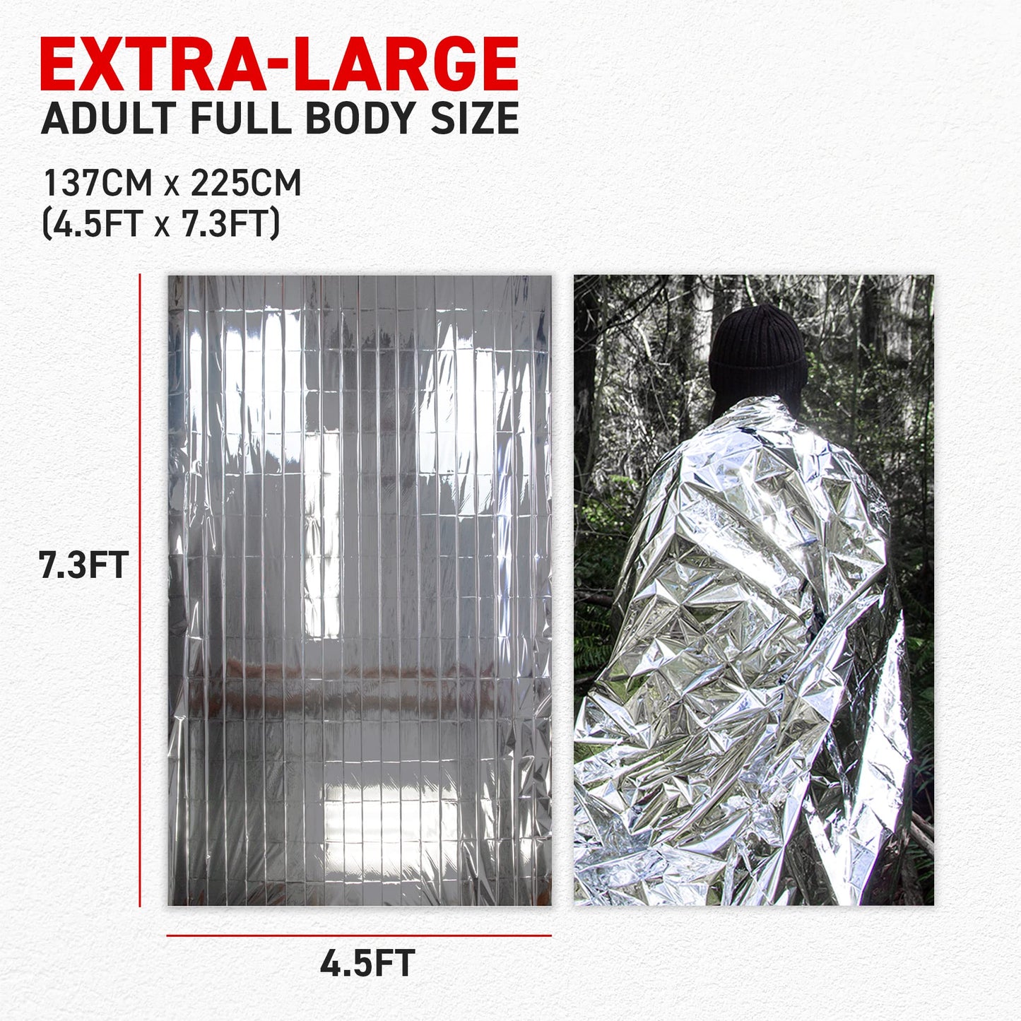 72 HRS Large Emergency Mylar Space Blankets 4-Pack, MIL-SPEC 54″ × 88″ Thermal Survival Foil – Retains 90% Body Heat, Waterproof Reflective Blanket for Camping, Hiking, Marathon, First Aid