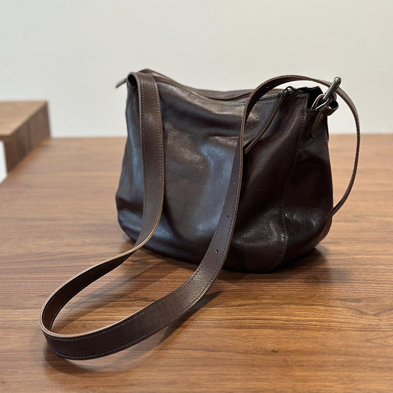 Vegetable-Tanned Leather Casual-Style Shoulder Bucket Crossbody Bag