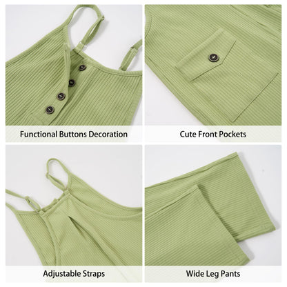 Rolanko Girls Jumpsuit Spaghetti Strap Romper Wide Leg Pockets Green Size 10-11Y